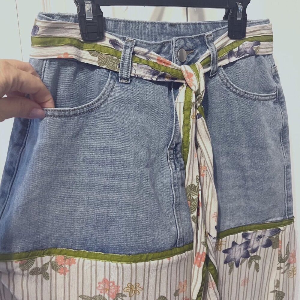 Handmade Upcycled Denim Jean Skirt-Sz. Small-Blue/Green/Floral Long Slit Skirt - Picture 2 of 12